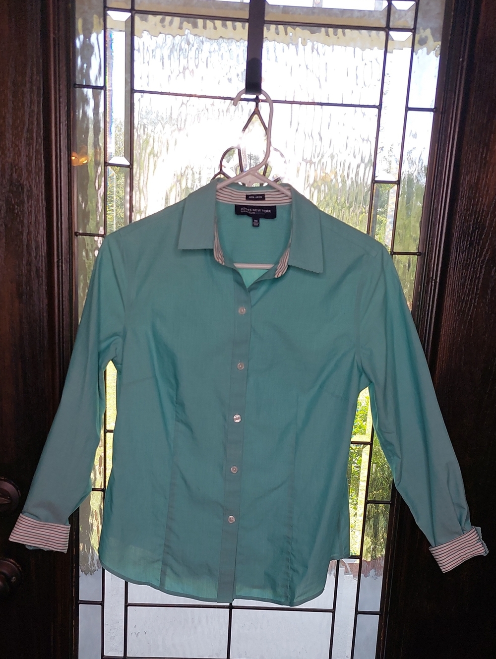 Jones New York Signature Petite Teal Button-Up Shirt with Striped Trim PM